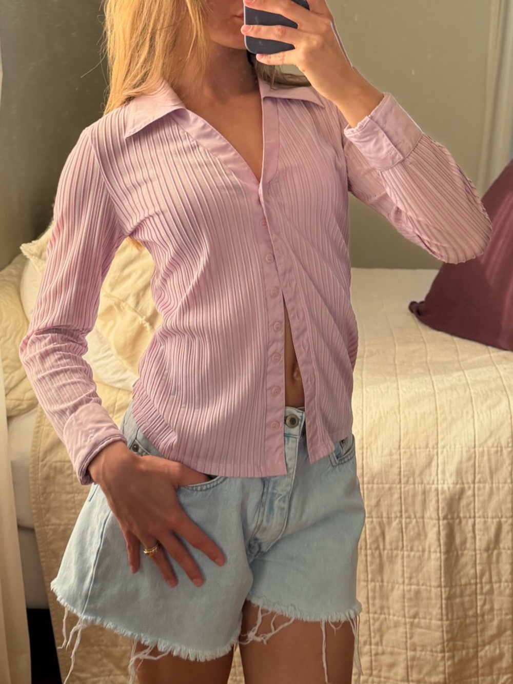 New York & Company Soft Pink Ribbed Button-Down Shirt